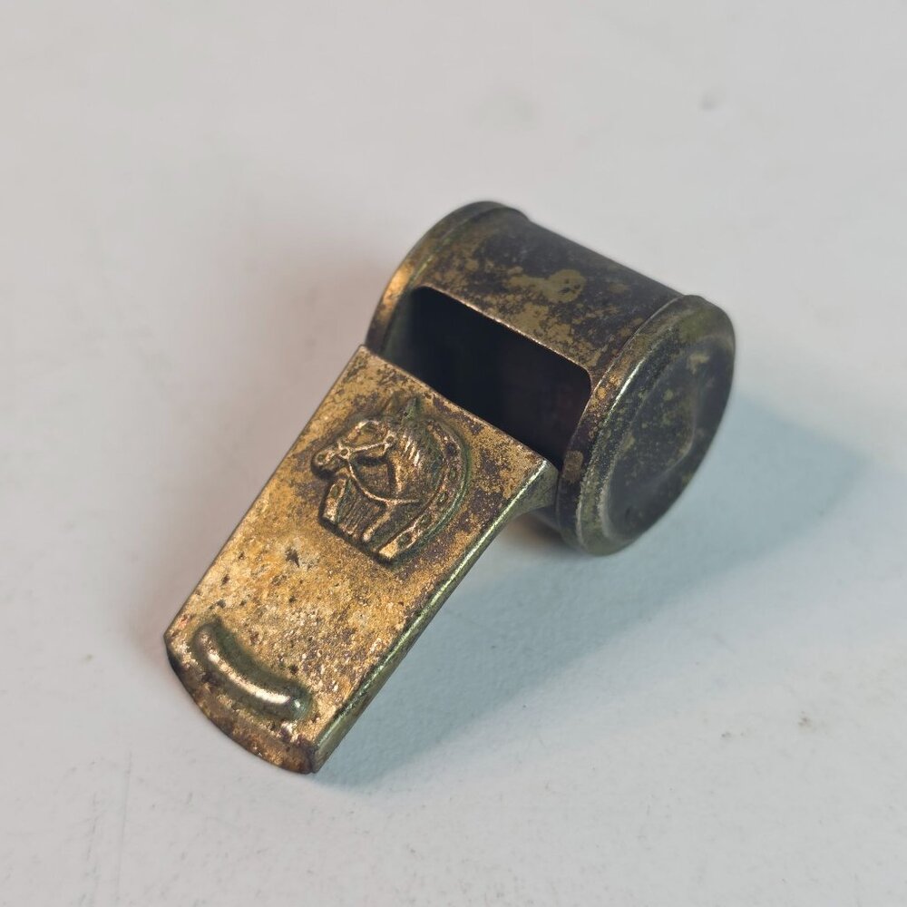 Vintage Gilt Tin Whistle With Horse Head & Horseshoe Design Made In Japan